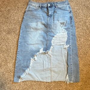 Blue Distressed Denim Midi Skirt